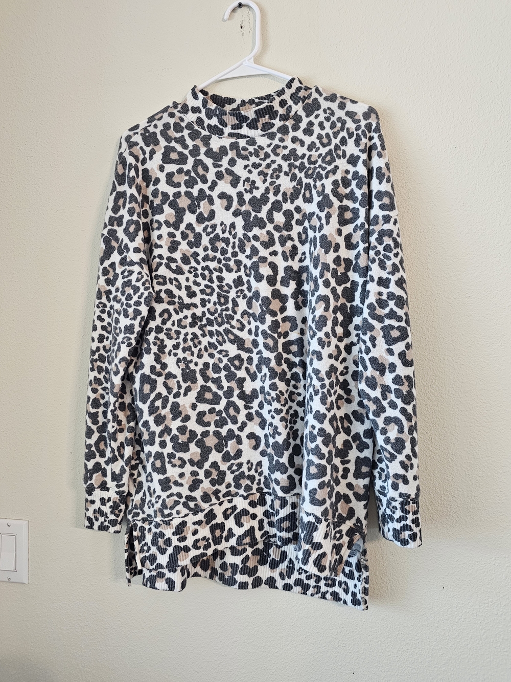 new directions Leopard Print Mock Neck Long Sleeve Sweater - Cream, Black, Taupe